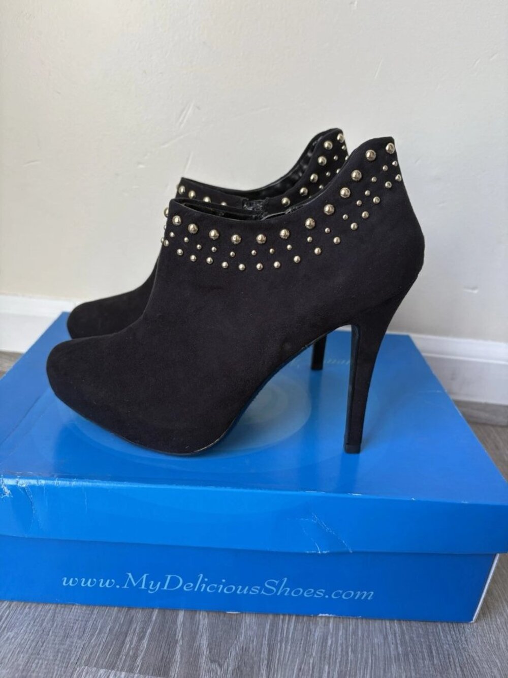 Black Ankle Boot Style High Heels With Gold Gems, Womenโs